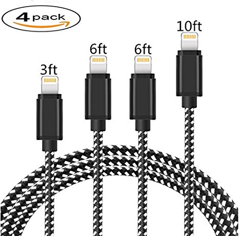 [4 Pack]Lighting Cable, (3FT 6FT 6FT 10FT) Nylon Braided Charger Cable Cord Lightning to USB Cable Support iPhone 8/X 7/7 Plus/6/6s/6 Plus/6s Plus, iPad Pro/Air/mini,iPod（Black white)