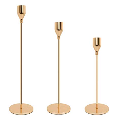 WillGail Set of 3 Gold Brass Candle Holders for Taper Candles, Decorative Candlestick Holder for Wedding, Dinning, Party, Fits 3/4 inch Thick Candle&Led Candles (Metal Candle Stand)