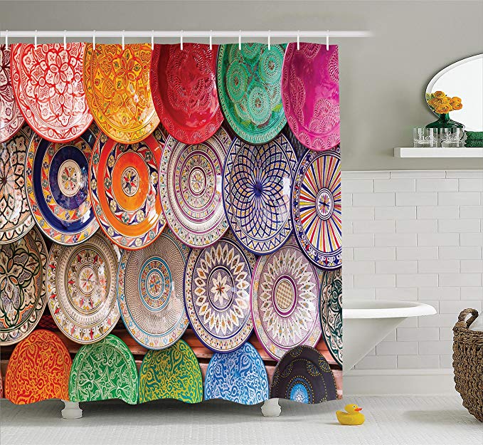 Ambesonne Moroccan Decor Shower Curtain Set, Traditional Arabic Handcrafted, Colorful Plates Shot at The Market in Marrakesh, Bathroom Accessories, 84 Inches Extralong