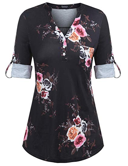 bosbary Women's Floral Print Blouses 3/4 Sleeve Casual V Neck Button Up T-Shirts Tops