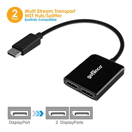 gofanco DisplayPort to 2 DisplayPort MST Hub - DisplayPort 1.2 to 2 Displayport Splitter, 2 port DisplayPort Multi Stream Transport Hub, for Windows PCs, Eyefinity Compatible (DPMST2DP)