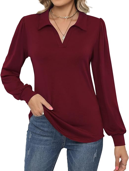 LOMON Womens Polo Shirts Long Sleeve Collared Work Shirts V Neck Puff Sleeve Casual Tops