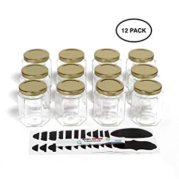 Hexagon Glass Jars by Nellam - 6oz, 12 Pack with 24 Chalk Sticker Labels and Chalk Pen - DIY Jars for Canning, Party and Wedding Favors, Jams, Sauces, Herbs, Spices. (Gold Lid - 12 Pcs)