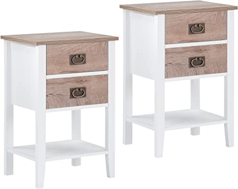 VECELO Nightstands Set of 2 End/Side Tables for Living Room Bedroom Bedside with Two Storage Drawer, Vintage Accent Furniture Small Space, Solid Wood Legs, White & Oak