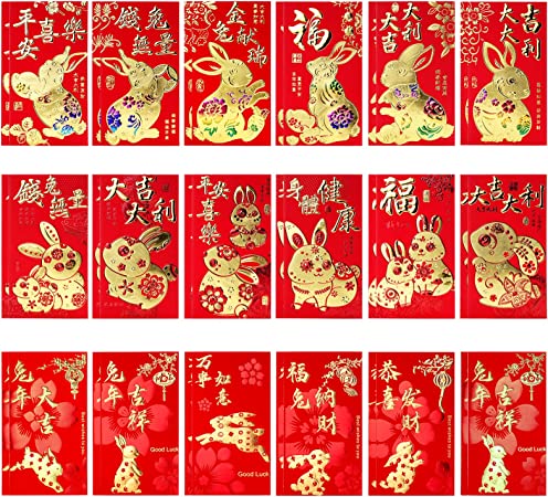 36PCS Chinese Red Envelopes, 2023 Cute Rabbit Lucky Money Packet Lunar New Year Hong Bao for Chinese New Year Spring Festival Birthday Wedding Graduation