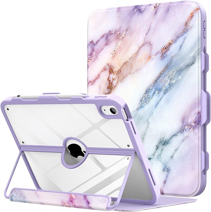 MoKo Case for iPad 10th Generation with Pencil Holder, iPad Case 10th Generation 2022 10.9 inch, Built-in Screen Protector Clear Back, Multi Angle Viewing Stand, Auto Wake/Sleep, Purple Marble