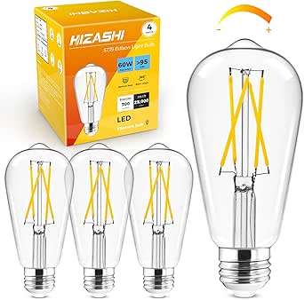 Hizashi LED Edison Bulbs, 6W, Equivalent 60W, Dimmable E26 LED Bulb, 3000K Soft White, 95  CRI 700 Lumens, ST19 Vintage Light Bulbs, Clear Glass, Pack of 4