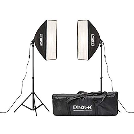 Phot-R 1350W Dual Studio Lighting Kit E27 with 2x 135W 5500K Bulbs 2x 50cmx70cm Softbox 2x 80-200cm Light Stand 2x Reflector Dish   Carry Bag Professional Photography Portrait Product for Video Shooting