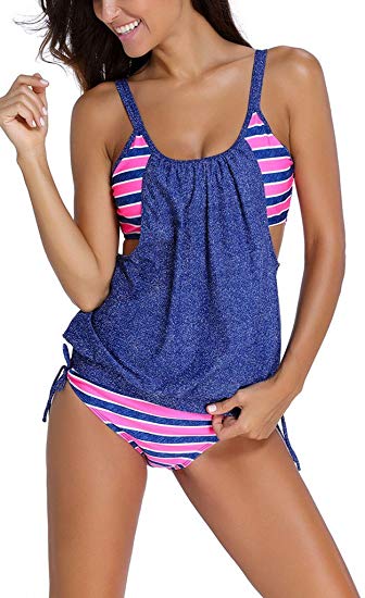 Dokotoo Womens Stripes Lined Up Double Up Tankini Top Sets Swimwear