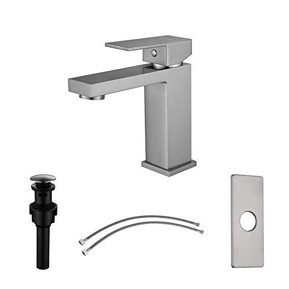 EZANDA Brass Single Handle Bathroom Sink Faucet with Escutcheon, Pop Up Drain Stopper & Water Supply Hoses, Brused Nickel, 14166