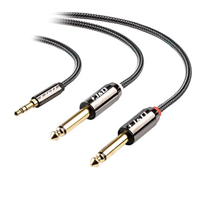 J&D Gold-Plated 3.5mm 1/8" TRS Male to 2X 6.35mm 1/4" TS Male Mono Cable Splitter with Zinc Alloy Housing and Nylon Braid for iPhone, iPad, iPod, Laptop, Home Theater Devices, Amplifiers - 6 Feet (1.8 Meter)