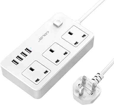 JSVER Desk Extension Lead USB, Power Strip 3 Outlet with 4 USB Charging Ports(5V/3.1A) Power Socket Surge Protection with 2M Power Cord, White