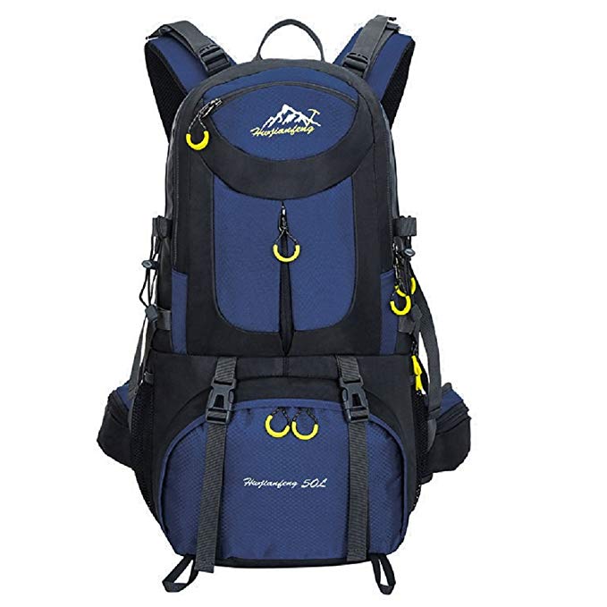 Hiking Backpack Nylon Waterproof Large Capacity Daypack for Outdoor Sports Travel Fishing Cycling Skiing Climbing Camping Mountaineering (Dark blue-50L)