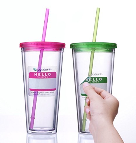 Cupture Classic Insulated Double Wall Tumbler Cup with Lid, Reusable Straw & Hello Name Tags - 24 oz, 2 Pack (green/pink)