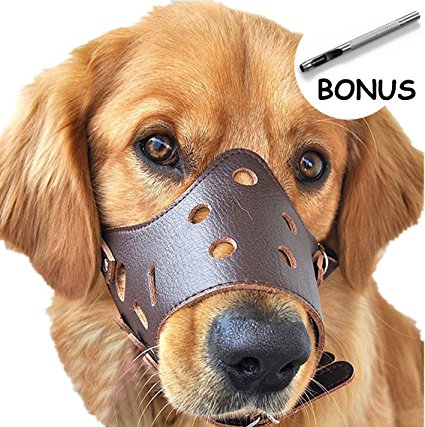 Dog Muzzle Leather, Comfort Secure Anti-barking Muzzles for Dog, Breathable and Adjustable, Allows Dringking and Eating, Used with Collars