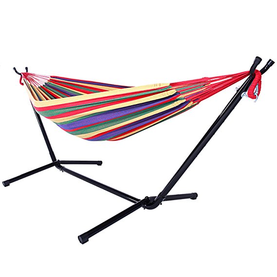 Z ZTDM Double Hammock with Space-Saving Steel Stand, Heavy Duty 2 Person Comfortable Portable Hammock Includes Carrying Case, 440 lbs Capacity for Indoor/Outdoor/Porch/Yard/Patio (Red Stripe)