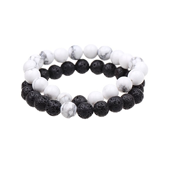 TSK Couples His and Hers Bracelet White HowlitexFF06;Black Lava Beads Yin Ying Matching Distance Bracelet
