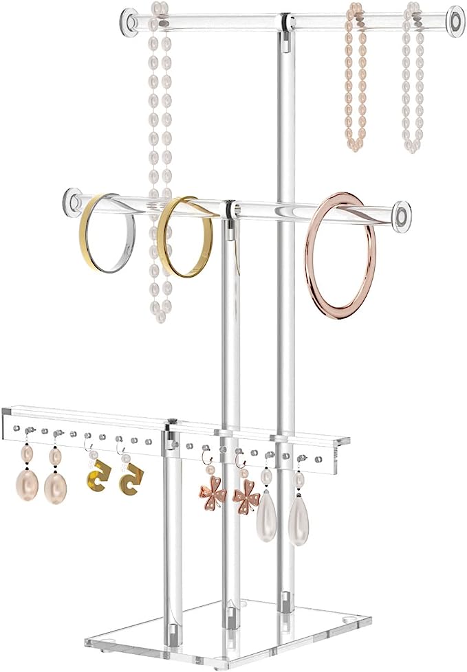 HIIMIEI Jewelry Stand Organizer 3 Tier Acrylic tabletop Jewelry Tower Display for Necklaces Bracelets Earrings