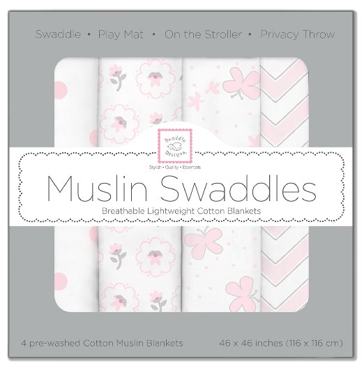 SwaddleDesigns Set of 4 Muslin Swaddle Blankets, Butterfly Fun