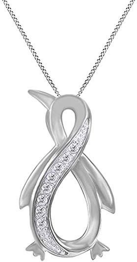 Valentines Day Gift Jewel Zone US White Natural Diamond Penguin Infinity Pendant Sterling Silver / 10K Gold (1/10 Ct)