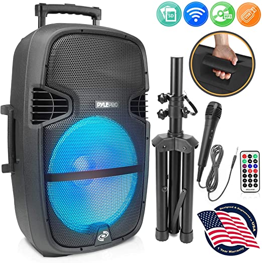 Portable Bluetooth PA Speaker System - 1000W Outdoor Bluetooth Speaker Portable PA System w/Microphone in, Party Lights, USB SD Card Reader, FM Radio, Wheels - Remote Control, Tripod- Pyle PPHP1548B