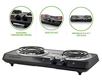 Ovente Countertop Electric Double Burner with Adjustable Temperature Control, 6.0 & 5.7 Inch, Metal Housing, Indicator Light, Non-Slip Rubber Feet, 1700-Watts, Black (BGC102B)