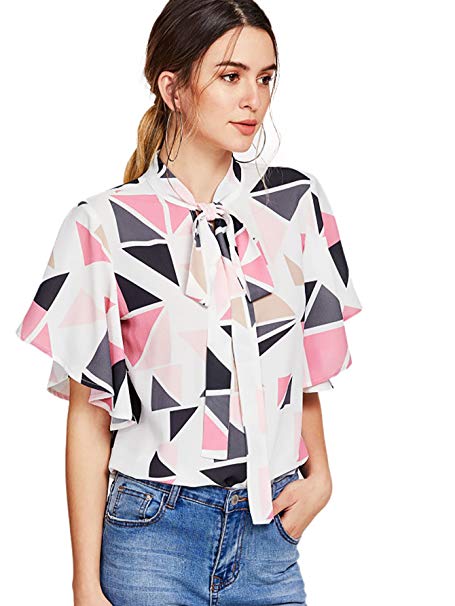 Romwe Women's Color Block Ruffle Short Sleeve Blouse Shirt Tie Neck Geometric Print Top