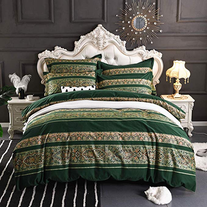Ustide Superior Bohemian Exotic Style Boho Duvet Cover Set Green Gold Blocking Bedding Set 100% Cotton Bedding Set Double Size