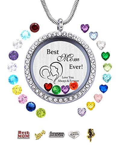 JOLIN Best Mom Gift, Women Floating Living Memory Locket Necklace Pendant with Charms & Birthstones for Mother