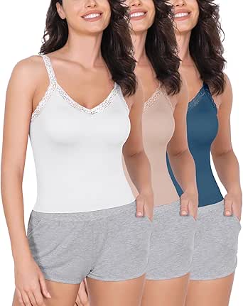 ODODOS Lace Trim Seamless Top for Women Ribbed Soft V Neck Cami Tank Tops