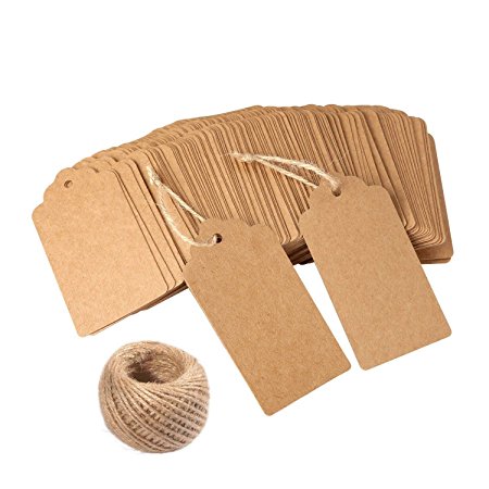 Gift Tags,120 PCS Kraft Paper tags for Wedding Brown Rectangle Craft Hang Tags with Free 100 Feet Natural Jute Twine