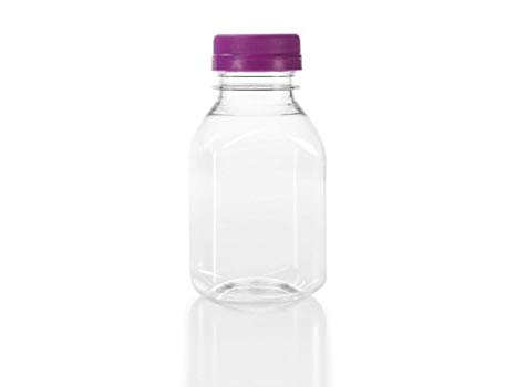 (6) 8 oz. Clear Food Grade Plastic Juice Bottles with Tamper Evident Caps 6/Pack (8 oz, Purple Lids)