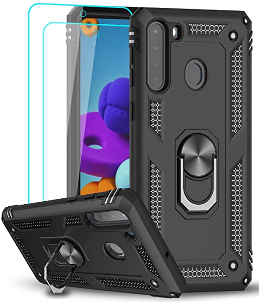 LeYi Compatible for Samsung Galaxy A21 Case (Not Fit A20) with [2 Pack] Tempered Glass Screen Protector, [Military-Grade] Protective Phone Case with Car Ring Holder Kickstand for Samsung A21, Black