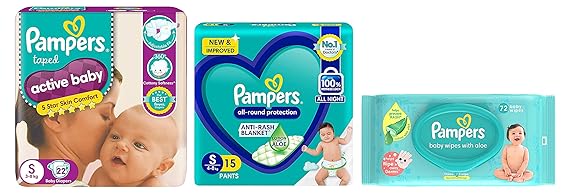 Pampers Active Baby Taped Diapers, Small size diapers, (S) 22 count & Pampers Baby Aloe Wipes with Lid, 72 Wipes & Pampers All round Protection Pants, Small size baby Diapers, (S) 16 Count Lotion
