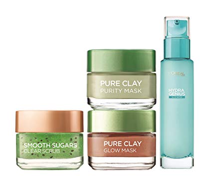 L’Oreal Night In Skin Pamper Kit: Kiwi Sugar Scrub, Clay Mask x2 and Hydra Genius Moisturiser (4-Piece)