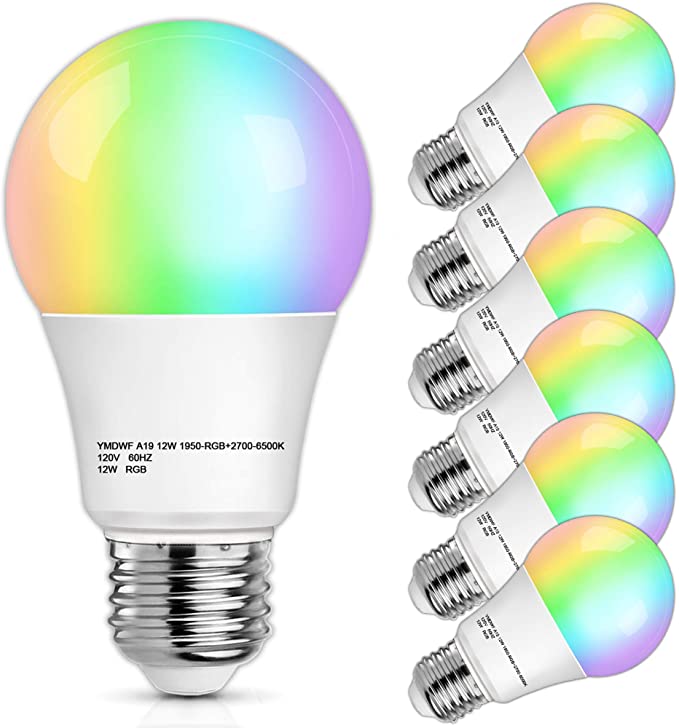 Smart WiFi Light Bulb, 12W A19 LED RGB Bulbs 100 Watt Equivalent, Dimmable E26 Bulb 1100Lumens, 2700K-6500K, 2.4GHz, Compatible with Alexa, Google Home Assistant, Echo, Siri, No Hub Required, 6-Pack