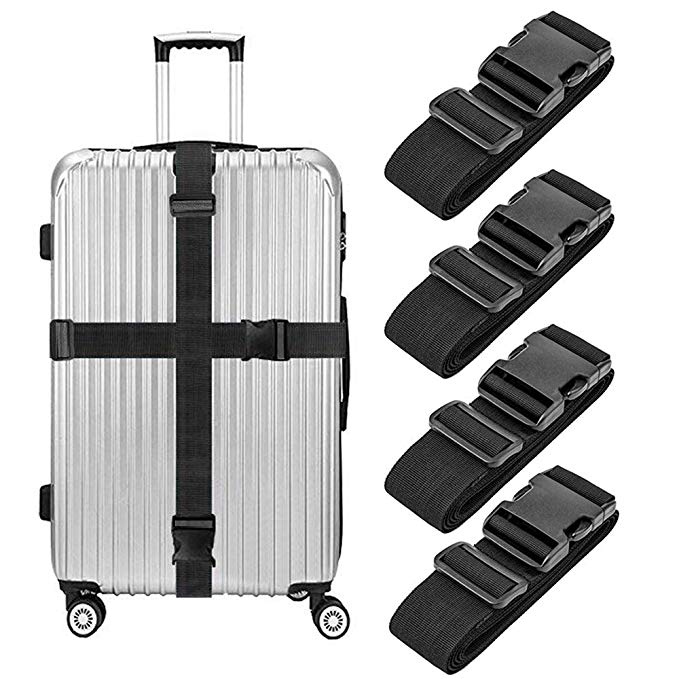 ONSON Luggage Straps, 4 Pack Heavy Duty Non-Slip Adjustable Travel Accessories Suitcase Baggage Belts Bag Bungee (BLACK)