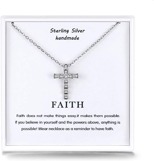 Presentski Cross Necklace with 925 Sterling Silver Chain , Silver Christian Crucifix Necklace,Faith Cubic Zirconia Pendant Necklace for Women Christmas Gift