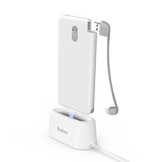 USB C Portable Phone Charger Power Bank 10000mAh with Built in Pluggable Cable, Yoobao Slim High Capacity Exteral Battery for Android Huawei Galaxy Xiaomi Google, Include Charging Dock - USB C (White)