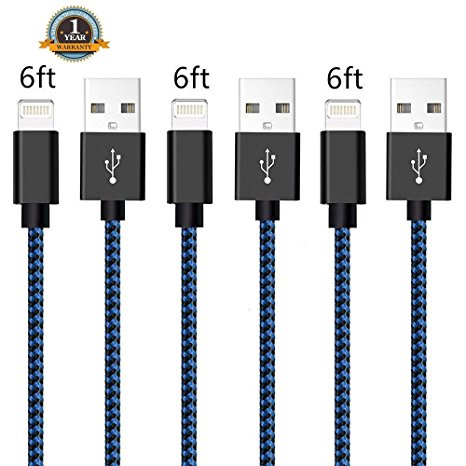 Lightning Cable,Auger 3Pack 6FT Nylon Braided Charging Cable Cord Lightning to USB Cable Charger Compatible with iPhone 7/ 7 Plus/6/6s/6 plus/6s plus/ 5s/5c, iPad, iPod and More (Black Blue)