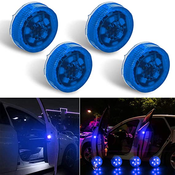 Botepon 4PCS Universal Wireless Car Door LED Warning Light, Safety Light, Strobe Lights for Anti rear-end Collision (Blue)