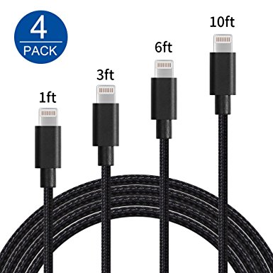 Lightning Cable, IVVO 4 Pack 1FT 3FT 6FT 10FT Durable Nylon Braided Cord Lightning to USB Cable Charger for Apple iPhone 7/7 Plus/6/6s/6Plus/6s Plus/5/5c/5s/SE,iPad iPod Nano iPod Touch(Black)
