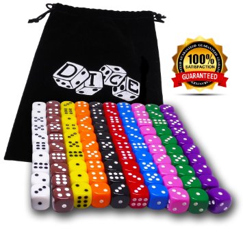100 Dice Set, 10 Different Colors, 10 Dice of Each Color, 16mm D6 High Quality Acrylic Dice, FREE Velvet Carry Bag, Great for Games Like: Tenzi, Farkel, Yahtzee, Bunco or Teaching Math
