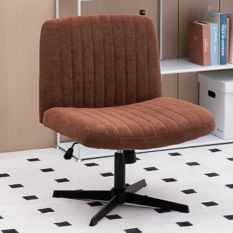 Armless Wide Office Chair No Wheels Fabric Padded Desk Chair Task Vanity Chair Swivel Home Office Desk Chair 120°Rocking Mid Back Ergonomic Computer Chair for Make Up,Small Space, Bed Room(BROWN)