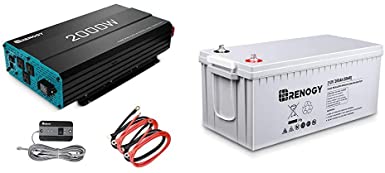 Renogy 2000W 12V Pure Sine Wave Battery Converter, ETL Listed with Built-in 5V/2.1A USB Port,and AC Hardwire Port Solar Power Inverter & Deep Cycle Agm Battery 12 Volt 200AH for RV, Solar, Gray