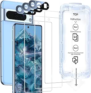 SmartDevil [3 3 Pack for Google Pixel 8 Pro Screen Protector with Camera Lens Protector, Finger Print Reader Compatible, Fast & Easy Installation, Clear 9H Tempered Glass Film, Alignment Frame