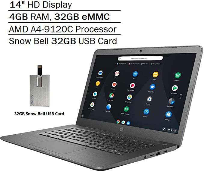 2020 HP 14" HD Display Chromebook, AMD A4-9120C Processor, 4GB RAM, 32GB eMMC, HD Webcam, Bang&Olufsen Audio, AMD Radeon R4 Graphics, Media Card Reader, USB-C, Chrome OS, Gray, 32GB Snow Bell USB Card