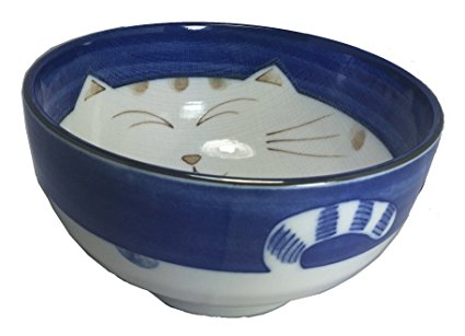 JapanBargain Japanese Smiling Blue Cat Porcelain Soup Bowl 6 inch