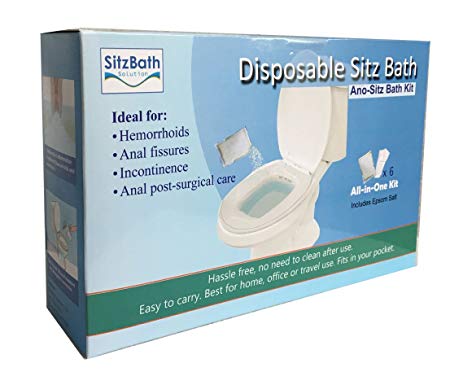Ano- Sitz Bath Kit, Disposable Sitz Bath Soak for Hemorrhoids & Anal Fissure Home Treatment and Natural Remedy, Includes Epsom Salt, Sitz Bath Fits in Elongated or Oval Toilet, Portable, 6 ct/pack