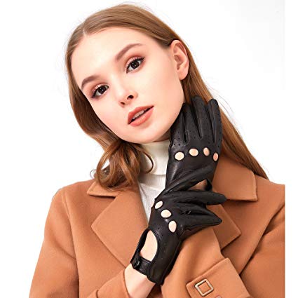 Womens Vintage Soft And Thin Excellent Quality Lambskin Touch Screen Black Leather Driving Gloves